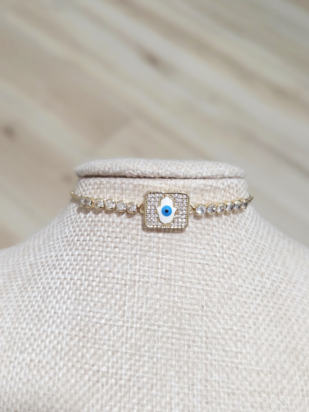 Gold Evil Eye Tennis Bracelet- Blue and White Accent
